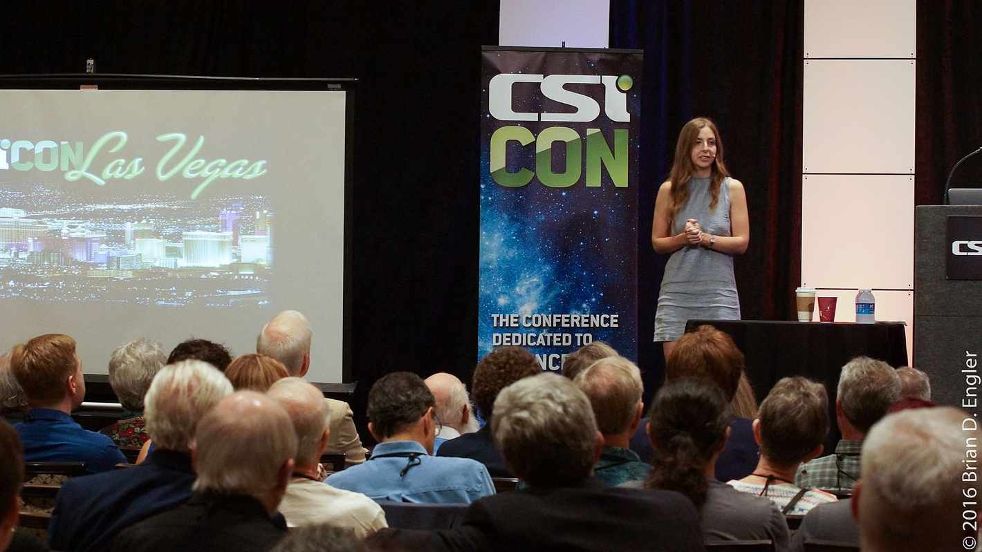 Maria Konnikova on stage at CSICon